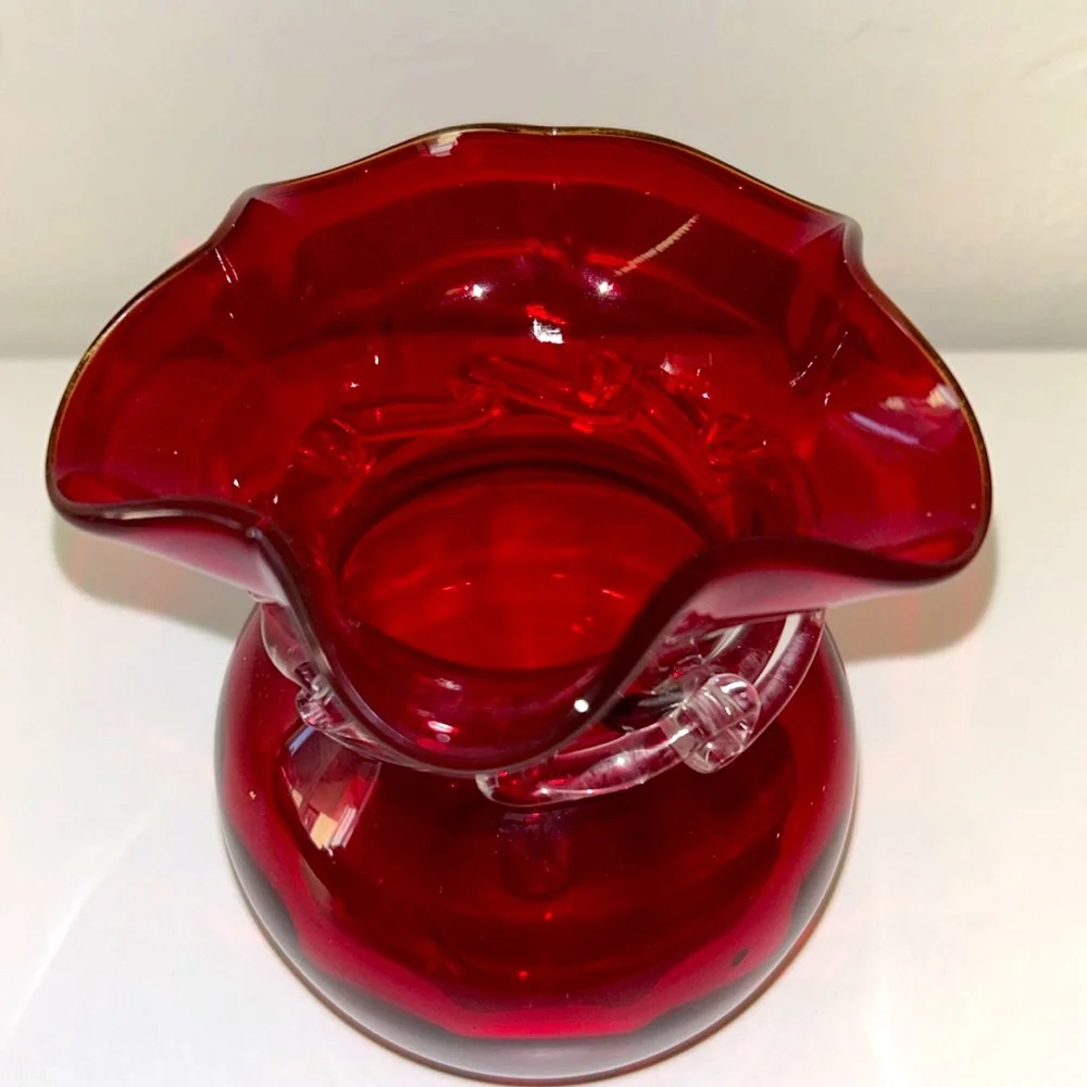 Viking Glass Ruby Red and Clear Ruffle Top Bud Glass Vase Marked